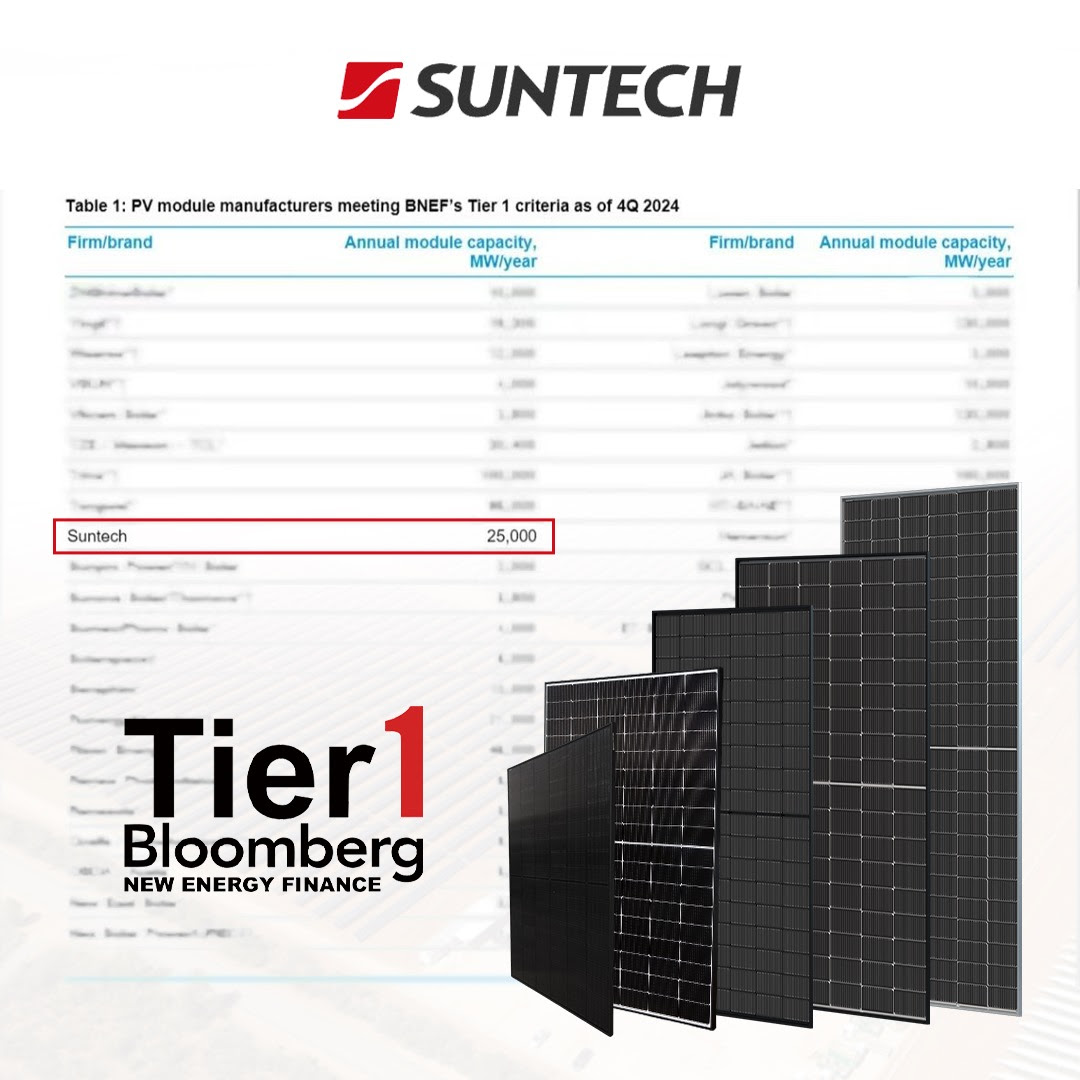 Suntech is proud to be recognized on the Bloomberg New Energy Finance (BNEF) latest Tier 1 PV Module Manufacture list for Q4 2024.